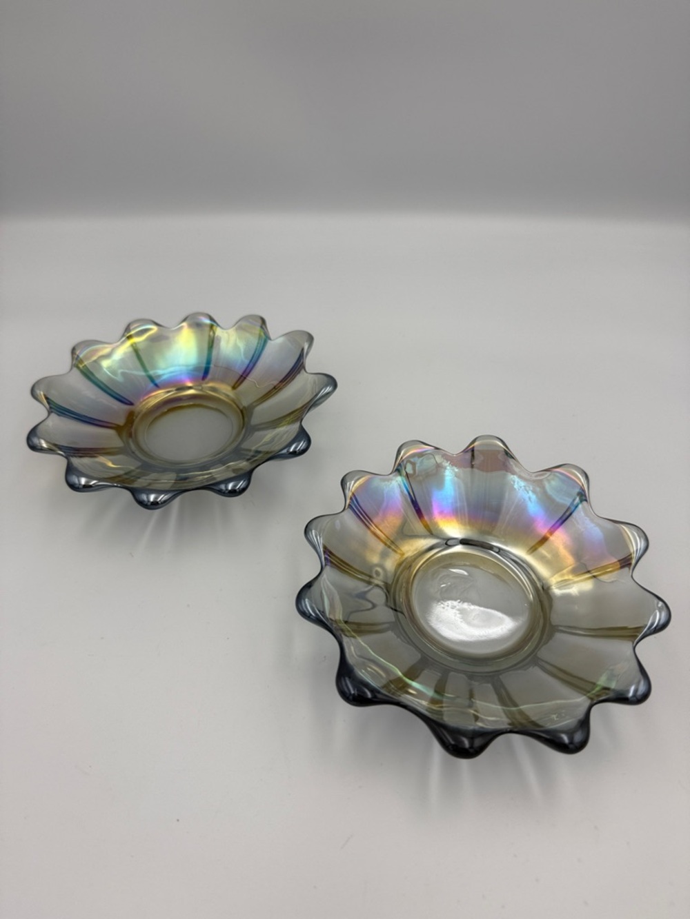 Vintage Federal Iridescent Ruffled Glass Accent Bowls - Pair